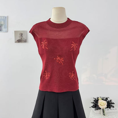 Sequin Sheer Mock-Neck Slim Knit Sleeveless Top