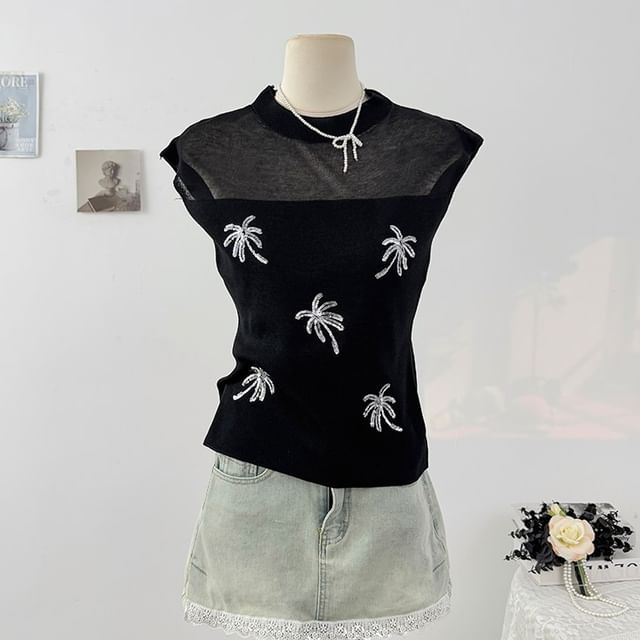 Sequin Sheer Mock-Neck Slim Knit Sleeveless Top