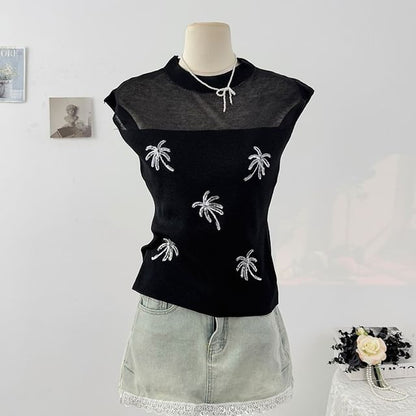 Sequin Sheer Mock-Neck Slim Knit Sleeveless Top