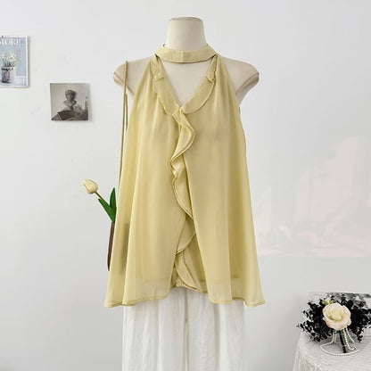 Plain Cutout Flowy Halter Top with Ruffle Trim