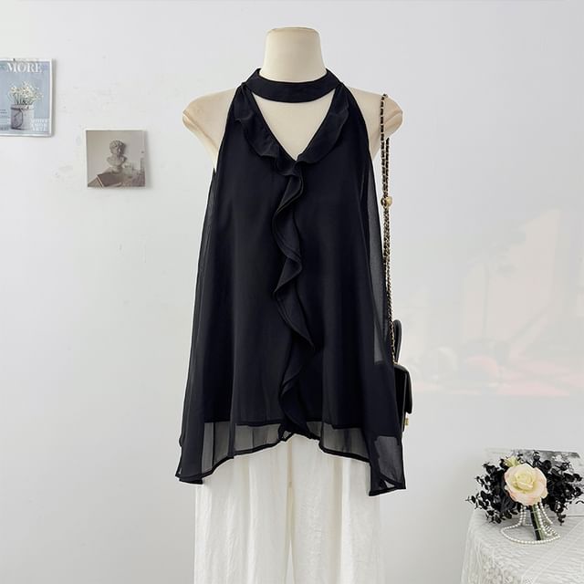 Plain Cutout Flowy Halter Top with Ruffle Trim