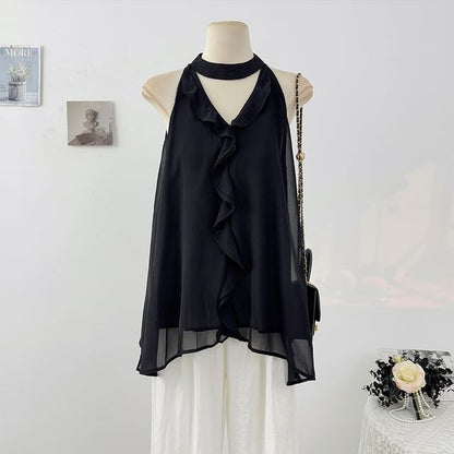 Plain Cutout Flowy Halter Top with Ruffle Trim