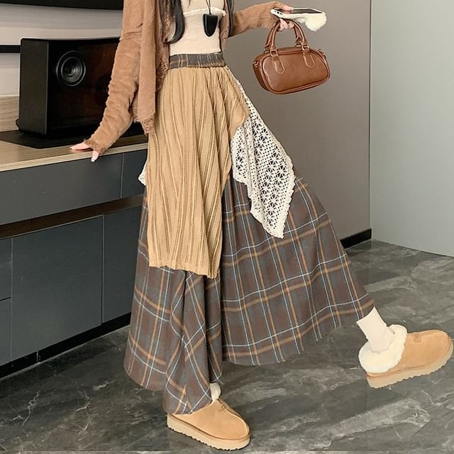 Plaid Patchwork Lace Panel Maxi Skirt