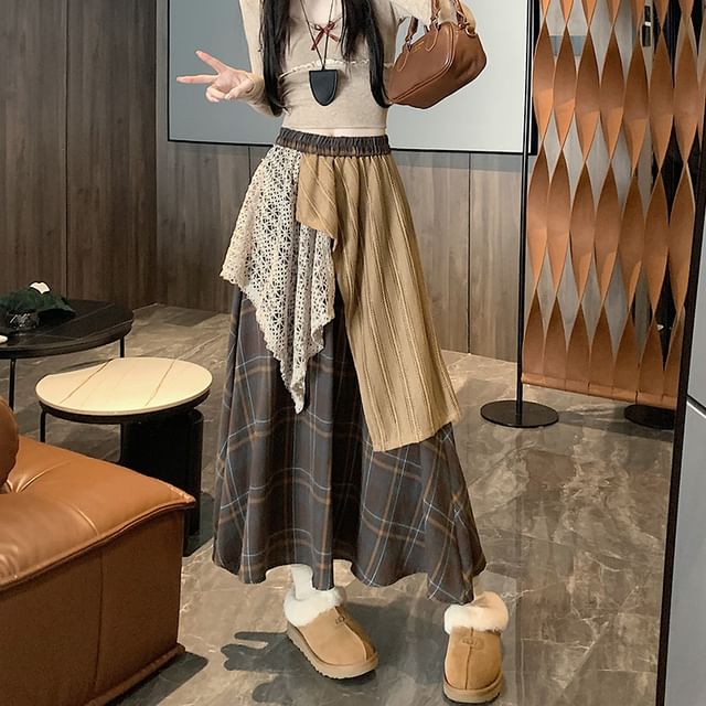 Plaid Patchwork Lace Panel Maxi Skirt