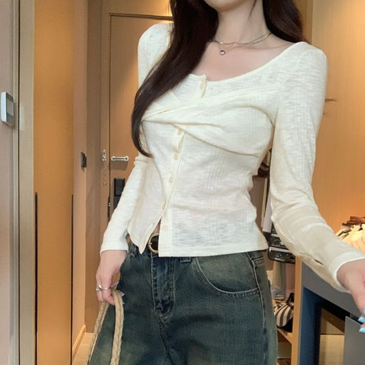Twist Ribbed Scoop-Neck Button Long-Sleeved T-Shirt