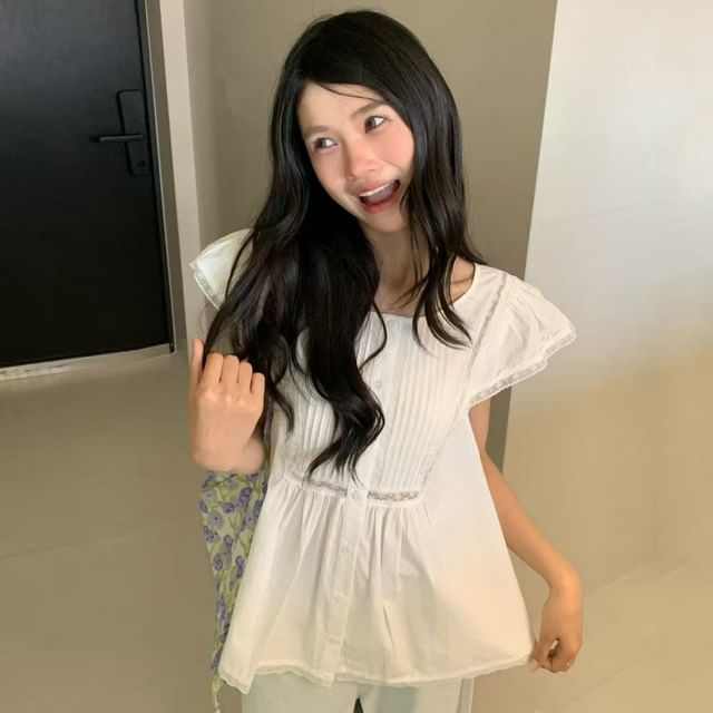 Cap-Sleeve Lace Trim Blouse