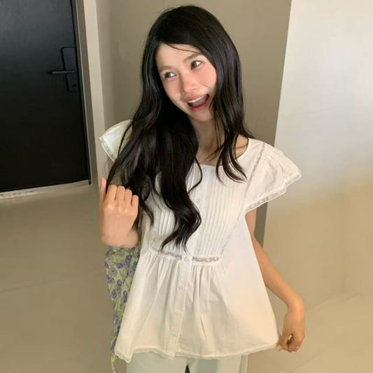 Cap-Sleeve Lace Trim Blouse