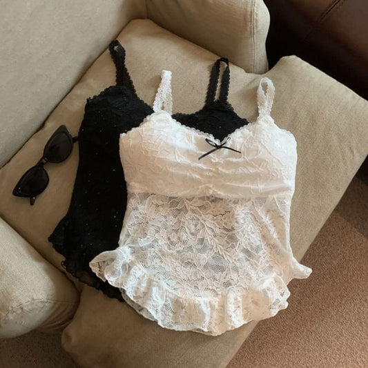 Spaghetti Strap Ruffled Lace Bra Top