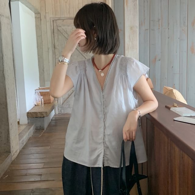 V-Neck Lace Trim Button-Up Blouse
