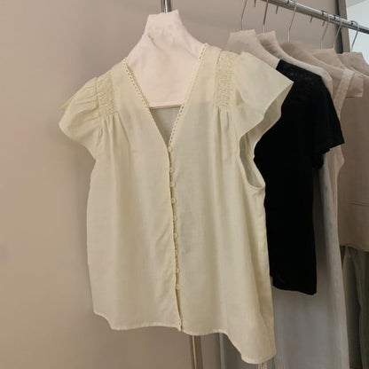 V-Neck Lace Trim Button-Up Blouse