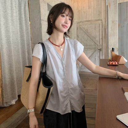 V-Neck Lace Trim Button-Up Blouse