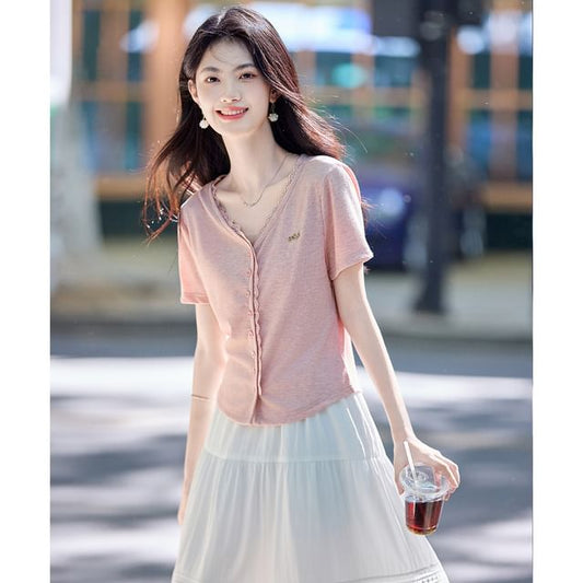V-Neck Lace Trim Crop Blouse with Short Sleeves