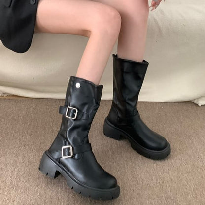 Buckled Platform Chunky Heel Mid-Calf Boots