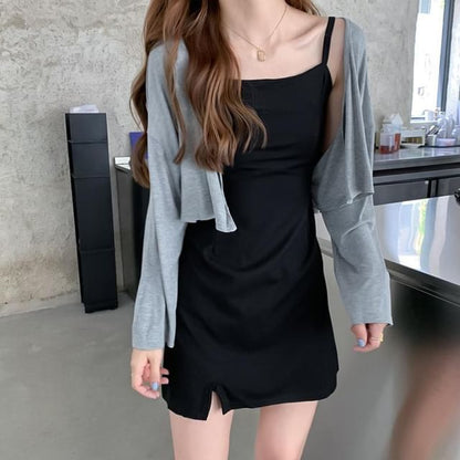 Spaghetti Strap Mini A-Line Dress and Crop Cardigan Set