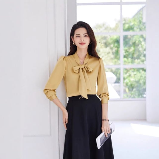 Tie-Neck Long Sleeve Blouse & High Waist Midi A-Line Skirt