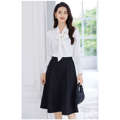 Tie-Neck Long Sleeve Blouse & High Rise Midi A-Line Skirt Set