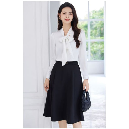 Tie-Neck Long Sleeve Blouse & High Rise Midi A-Line Skirt Set