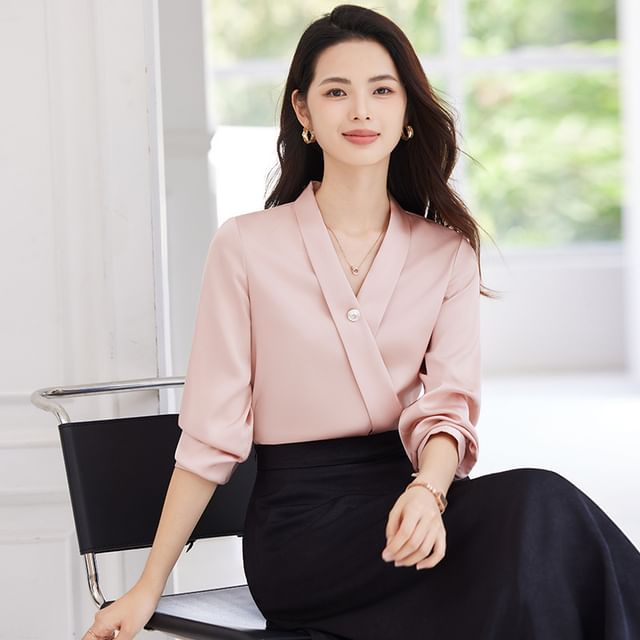 V-Neck Long Sleeve Blouse & High Rise Midi Straight Skirt