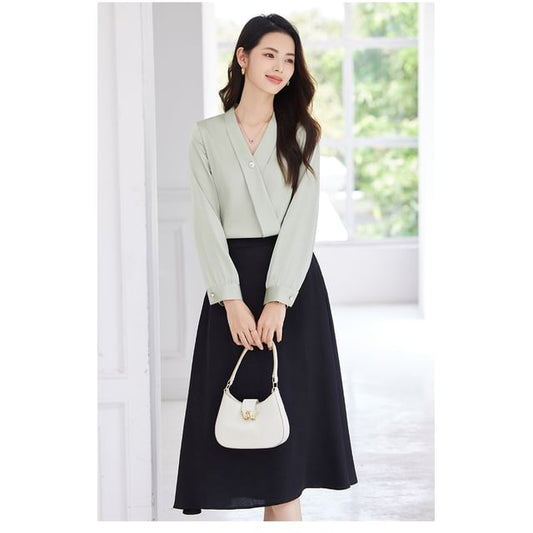 V-Neck Long Sleeve Blouse & Midi Straight Skirt Set