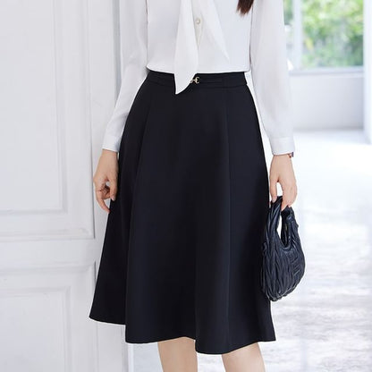 Tie-Neck Long Sleeve Blouse & High Waist Midi A-Line Skirt