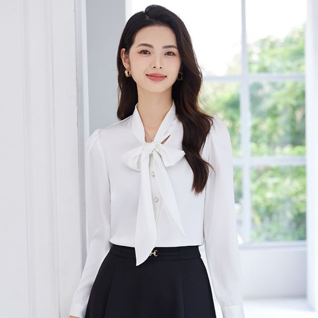 Tie-Neck Long Sleeve Blouse & High Waist Midi A-Line Skirt