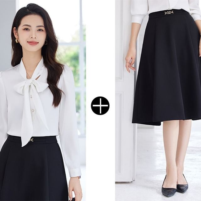 Tie-Neck Long Sleeve Blouse & High Rise Midi A-Line Skirt Set
