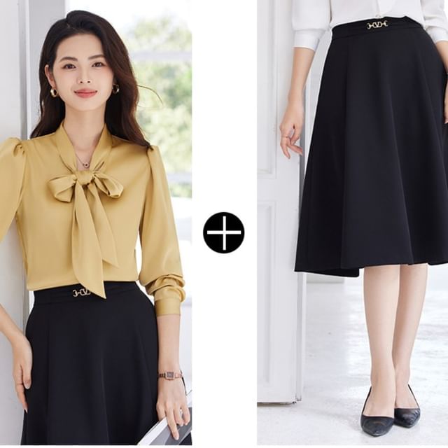 Tie-Neck Long Sleeve Blouse & High Rise Midi A-Line Skirt Set