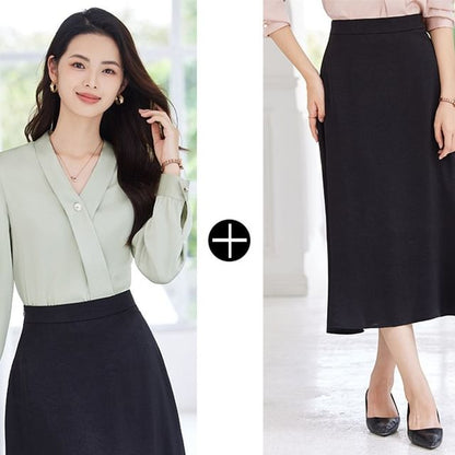 V-Neck Long Sleeve Blouse & Midi Straight Skirt Set