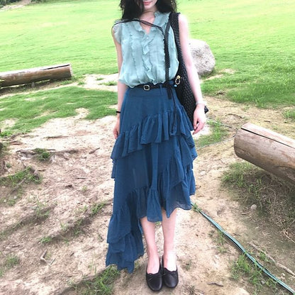 Ruffle V-Neck Cami and Plaid Asymmetrical Maxi Skirt Set