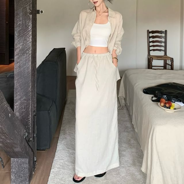 Long-Sleeve Pocket Shirt and Drawstring Maxi Skirt Set