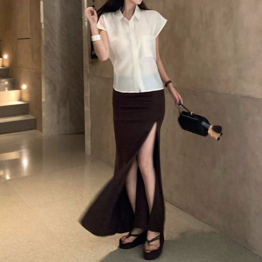 Short-Sleeve Shirt / High Waist Ruched Side-Slit Maxi Mermaid Skirt