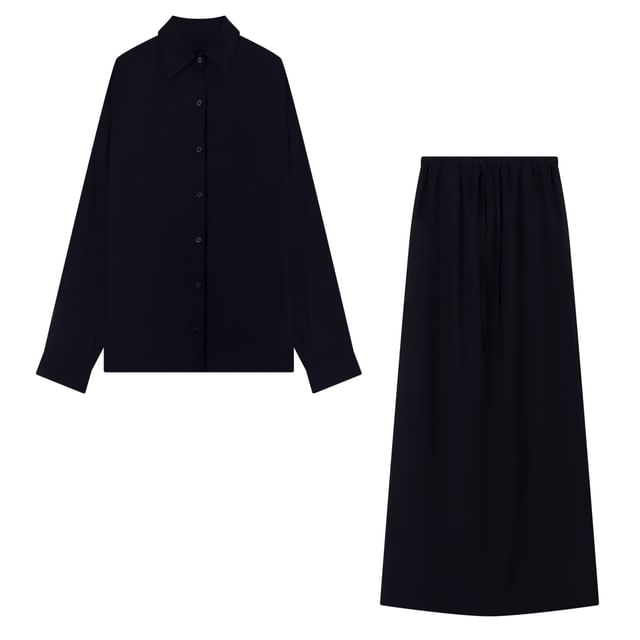 Long-Sleeve Pocket Shirt and Drawstring Maxi Skirt Set