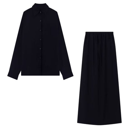 Long-Sleeve Pocket Shirt and Drawstring Maxi Skirt Set