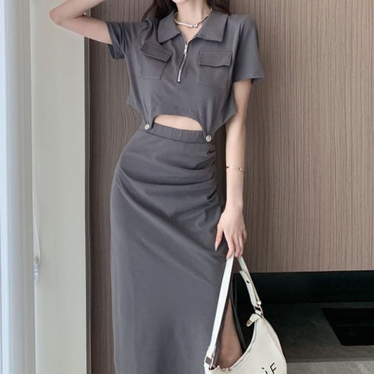 Short Sleeve Half Zip Crop Polo & Slit Midi Pencil Skirt Set
