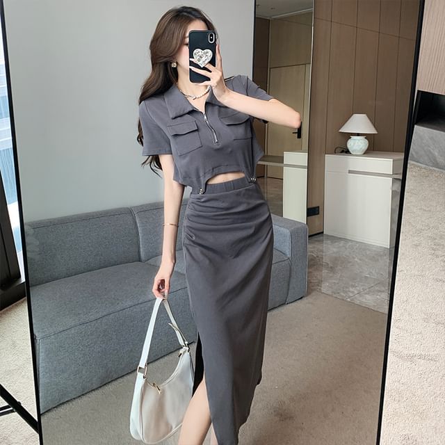 Short Sleeve Half Zip Crop Polo & Slit Midi Pencil Skirt Set