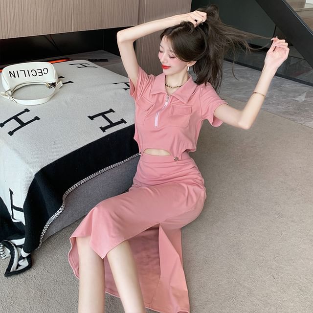 Short Sleeve Half Zip Crop Polo & Slit Midi Pencil Skirt Set