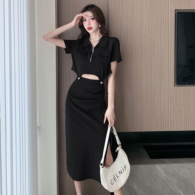Short Sleeve Half Zip Crop Polo & Slit Midi Pencil Skirt Set