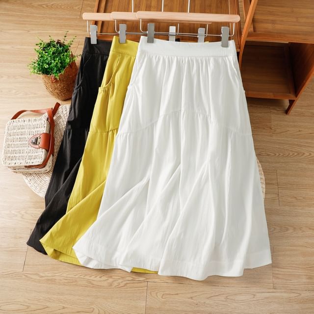Solid High Waist Midi A-Line Skirt