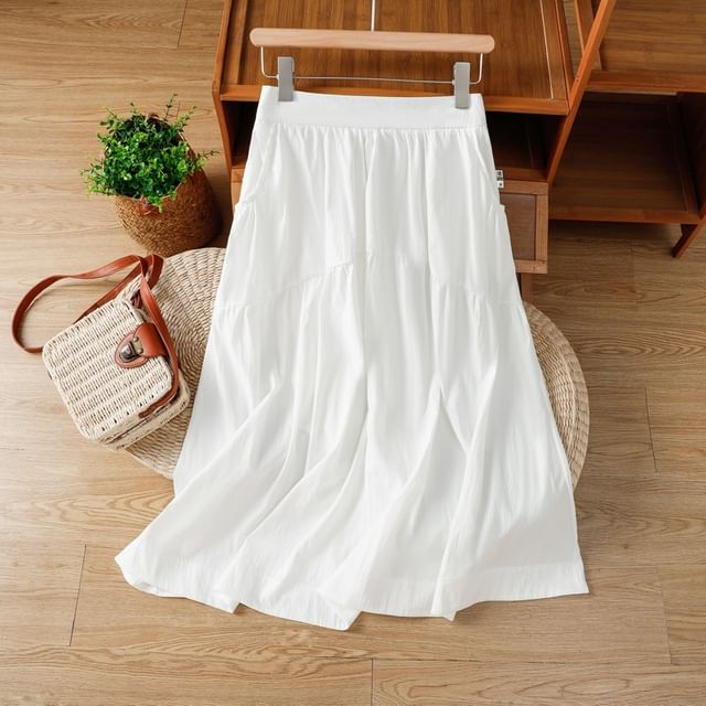Solid High Waist Midi A-Line Skirt