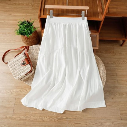 Solid High Waist Midi A-Line Skirt