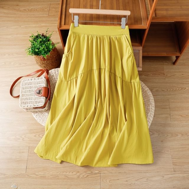 Solid High Waist Midi A-Line Skirt