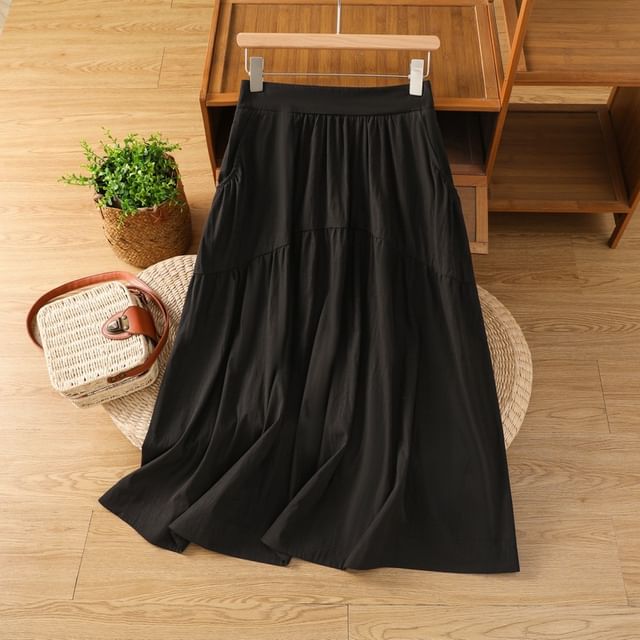 Solid High Waist Midi A-Line Skirt