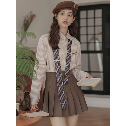 Striped Collared Necktie Shirt and Pleated Mini Skirt