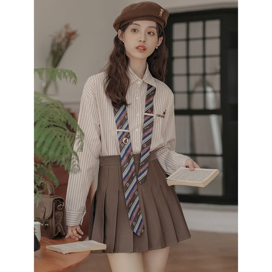 Striped Collared Necktie Shirt and Pleated Mini Skirt
