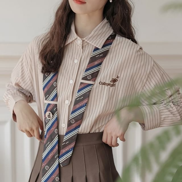 Striped Collared Necktie Shirt and Pleated Mini Skirt