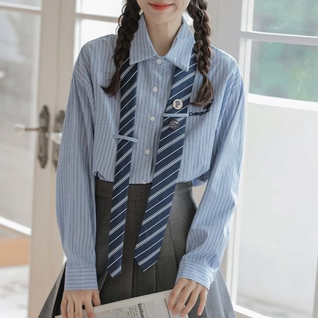 Striped Collared Necktie Shirt and Pleated Mini Skirt