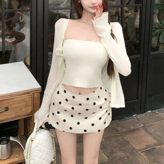 Spaghetti Strap Plain Camisole Top / Plain Cardigan / High Waist Dotted Mini Pencil Skirt (Various Designs)