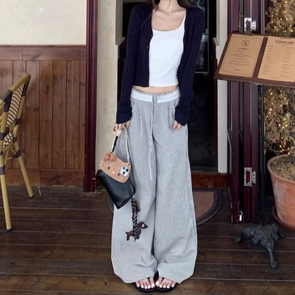 Mid Rise Striped Baggy Pants / V-Neck Plain Cardigan