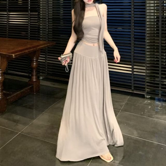 Strapless Crop Tube Top / High Rise Maxi A-Line Skirt