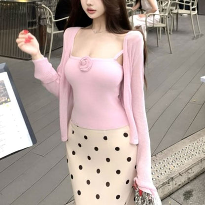 Spaghetti Strap Plain Camisole Top / Plain Cardigan / High Waist Dotted Mini Pencil Skirt (Various Designs)